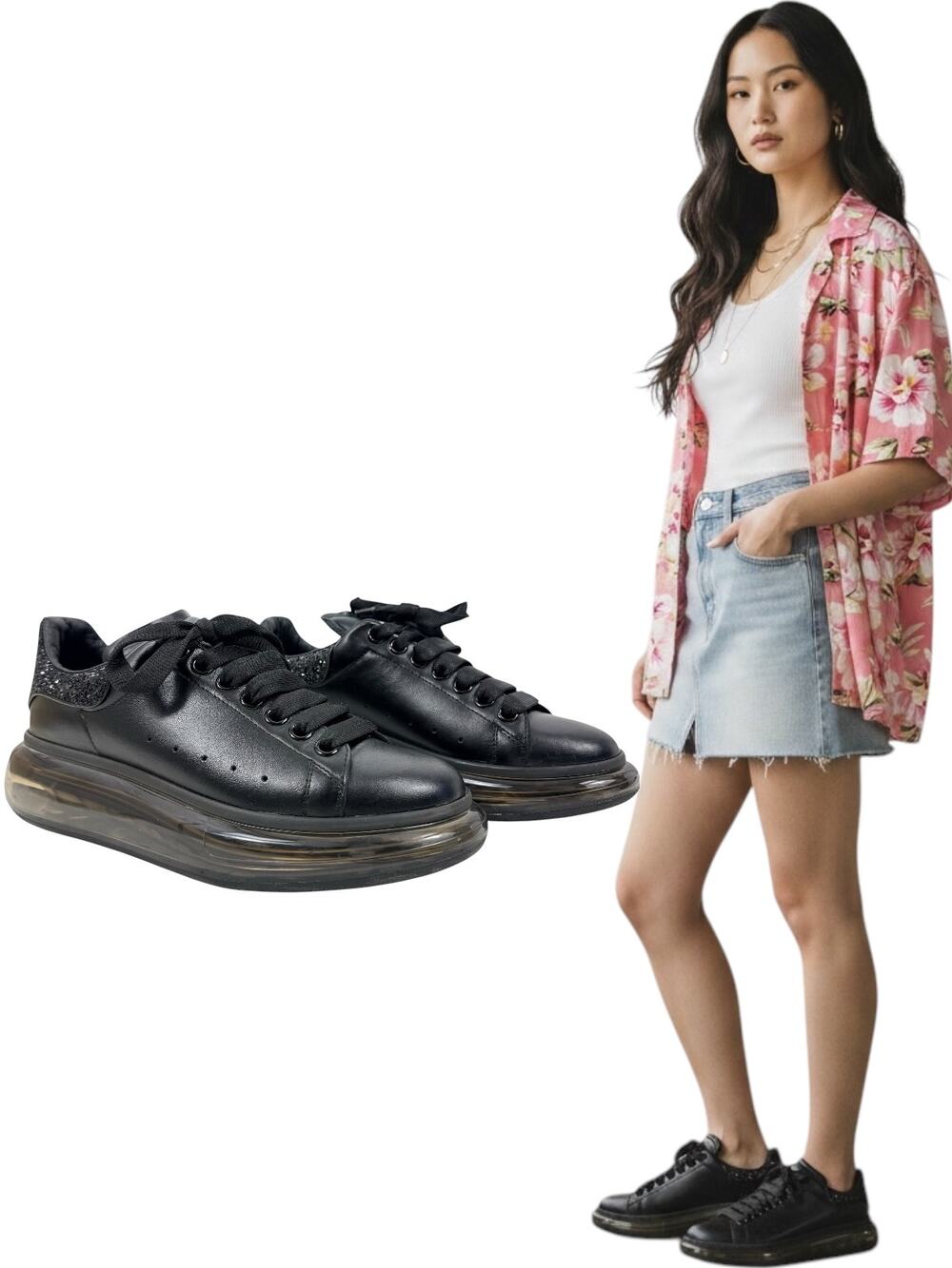Alexander Mcqueen Oversized Glitter Clear Sole Leather Sneakers Black Size 38.5